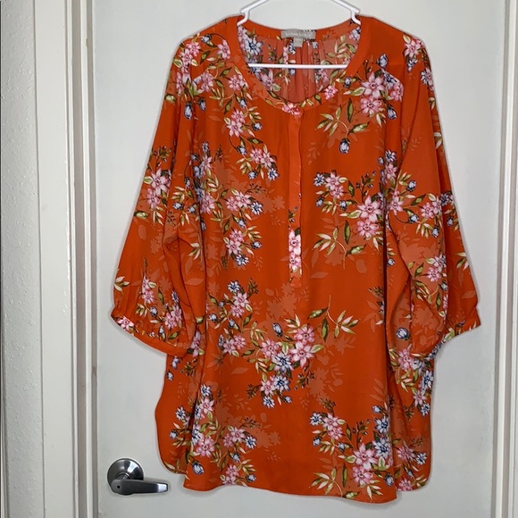 Woman Within Tops - Sheer Orange Floral Print Top